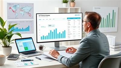 A professional visual representation of a virtual financial advisory session, featuring a financial planner discussing investment strategies and retirement planning with a client through a video call, surrounded by financial charts, calculators, and wealth management resources, conveying financial empowerment and security.