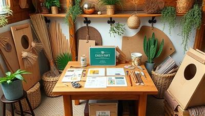 A cozy crafting corner filled with natural materials, recycled paper, and upcycled elements, featuring a crafting table with GreenCraft Box materials neatly arranged, ready for a creative and sustainable crafting session that promotes environmental consciousness and artistic expression.