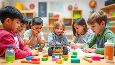 An engaging virtual STEM workshop scene with children collaborating on a robotics project, surrounded by colorful coding blocks and science equipment, fostering a creative and innovative learning environment.