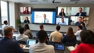 A virtual workshop scene with participants engaged in career exploration activities, interacting with industry experts via video conferencing, and networking with peers in a dynamic and informative setting, capturing the essence of CareerVoyage workshops.