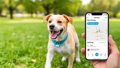 An image of a happy pet wearing the PawTech Tracker device while playing in a park, with a mobile app screen displaying real-time pet activity and location data, highlighting the device's functionality and convenience for pet owners.