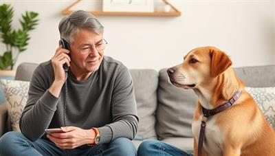 A pet owner engaging in a phone consultation with a pet behaviorist, while their well-behaved dog sits attentively beside them, illustrating the positive impact of professional guidance on pet behavior and training.
