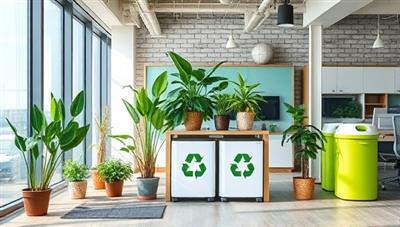 A modern office setting with sustainable design elements like indoor plants, recycling bins, and energy-efficient lighting, conveying a commitment to environmental responsibility and eco-friendly practices.