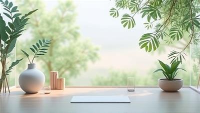 A serene and tranquil virtual mental wellness setting with calming nature sounds, a soothing color palette, and digital tools for relaxation and mindfulness practices, promoting mental well-being and self-care.
