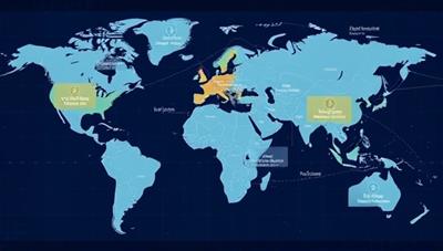 An engaging digital map showcasing various remote internship locations around the world, with virtual connections linking interns and companies, symbolizing global opportunities and connectivity in remote internships.