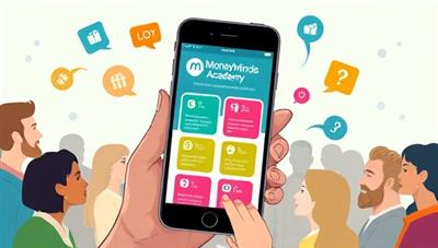 An artistic representation of a smartphone displaying the MoneyMinds Academy app interface with colorful interactive lessons and quizzes, surrounded by a diverse group of users actively learning and improving their financial skills, symbolizing empowerment and knowledge acquisition.