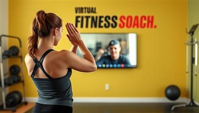 A dynamic image of a virtual fitness coach leading an energetic workout session via a video call, with motivational quotes and fitness equipment in the background, conveying energy and encouragement.