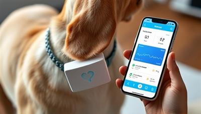 A futuristic pet health monitoring device in action, attached to a pet's collar, displaying real-time health data on a sleek mobile app interface, highlighting the convenience and innovation of remote pet health monitoring.