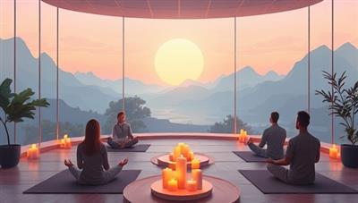 A serene digital illustration of a virtual meditation space with tranquil nature scenes, calming music, and participants engaging in mindfulness practices and meditation exercises, surrounded by soft candlelight and soothing aromatherapy, evoking a sense of inner peace and relaxation in the digital retreat setting.