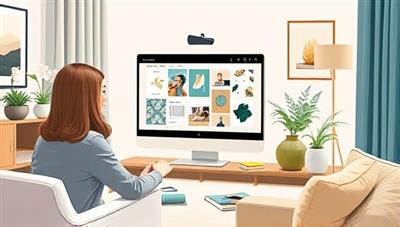 An artistic rendering of a virtual design consultation session, showcasing a designer presenting a digital mood board to a client on a video call, surrounded by samples of fabrics and paint swatches, illustrating creativity and collaboration.