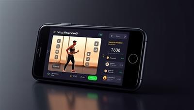 A sleek and futuristic virtual fitness coach interface displaying workout animations, nutritional advice, and progress tracking features on a smartphone screen, creating an immersive fitness experience.