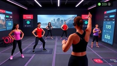 An engaging virtual fitness environment with avatars participating in various workout challenges, virtual trainers providing guidance, and fitness trackers displaying progress metrics, promoting a fun and interactive fitness experience on the platform.