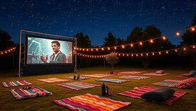 A picturesque setting of an outdoor movie screening under the stars, with fairy lights twinkling overhead, colorful blankets spread out on the grass, and a large screen displaying a movie, creating a cozy and magical ambiance.