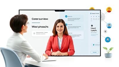 An engaging digital platform interface showing a virtual career coach conducting a mock interview with a client, providing feedback and tips on a split-screen setup, with career success quotes and motivational icons in the background, inspiring confidence and growth.