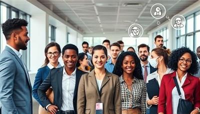 A digital mosaic of diverse individuals in a corporate setting, symbolizing inclusivity and diversity in the workplace, with icons representing training modules, equity strategies, and inclusive practices integrated into the visual narrative.