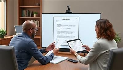 An engaging virtual meeting setup with a tax advisor consulting with a client via video call, both parties engaged in a discussion over digital tax forms and documents, showcasing the convenience and expertise of virtual tax advisory services.