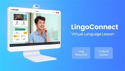 A digital representation of a virtual language lesson with a tutor engaging with a student through a video call, accompanied by interactive language exercises and cultural resources, showcasing the immersive and educational aspect of LingoConnect.