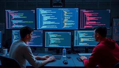 An online coding bootcamp scene with students engaging in a virtual coding project under the guidance of a mentor, surrounded by computer screens displaying code snippets, programming tools, and collaborative chat interfaces, fostering a tech-savvy and innovative learning environment.