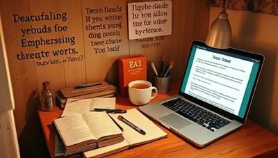 A cozy writing nook with a desk, journals, pens, inspirational quotes on the wall, a steaming cup of tea, and a laptop displaying creative writing prompts, inviting writers to immerse themselves in a world of storytelling and imagination through the subscription box.