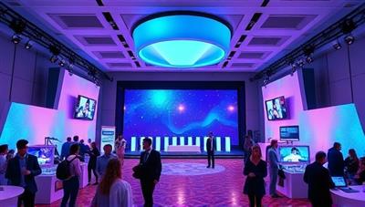 An elegant virtual event setup featuring a digital stage, interactive booths, and virtual attendees networking and engaging in a virtual event experience, creating a visually stunning and immersive environment that emulates the excitement of in-person events in a digital space.