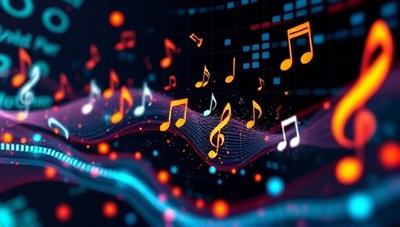 An artistic representation of AI algorithms composing music notes and melodies in a digital environment, with musical instruments and sound waves blending harmoniously, symbolizing the innovative and creative approach of MelodyCraft AI in AI-generated music composition for various media projects.