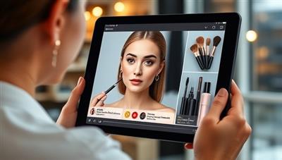 A virtual makeup artist providing a live tutorial on a tablet screen to a client, showcasing different makeup techniques and product recommendations in a modern and trendy setting.