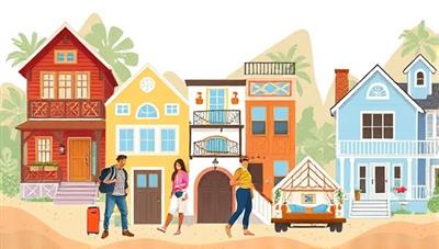 An artistic rendering of a diverse group of travelers staying in various unique accommodations offered on the RentShare Network, including cozy cottages, urban lofts, and beachside bungalows, showcasing the diversity and authenticity of the rental experiences available on the platform.