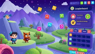 A whimsical digital landscape with animated characters representing different coding challenges, colorful coding blocks floating in the air, and a leaderboard displaying virtual badges and achievements, creating a magical and educational atmosphere for young coders on a learning quest.