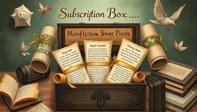 An artistic representation of a subscription box filled with miniature story scrolls, each displaying a unique microfiction piece, surrounded by literary elements and symbols, evoking a sense of curiosity and enchantment in short storytelling experiences.