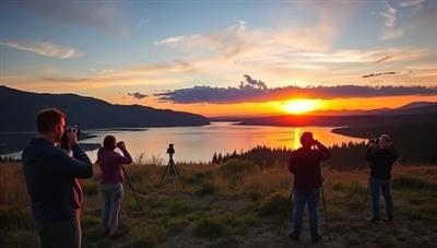 A picturesque landscape scene with a group of photographers capturing the natural beauty of a sunset over a serene lake, cameras in hand and tripods set up, showcasing the immersive and educational experience of Capture Nature Expeditions' Outdoor Adventure Photography Tours.