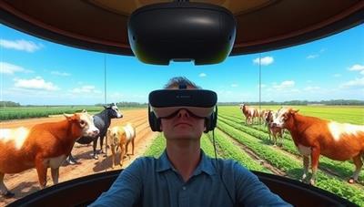 An immersive VR headset featuring a virtual farm tour with a user interacting with digital animals and exploring crop fields, capturing the educational and entertaining essence of FarmVision VR.
