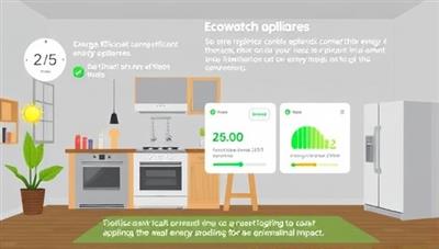 An animated visualization of a household with energy-efficient appliances connected to the EcoWatch system, displaying real-time energy consumption data and suggesting ways to optimize usage for cost savings and environmental impact.