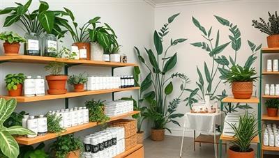 A serene and natural beauty store setting with shelves adorned with lush green plants, minimalist packaging of plant-based skincare products, and a cozy consultation area with a botanical backdrop, creating a tranquil and inviting space for self-care and wellness exploration at Leafy Glow Co.