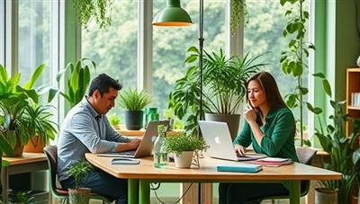 An artistic representation of EcoLedger Solutions team working with eco-friendly materials and digital tools in a green office environment, surrounded by plants and sustainable energy sources, symbolizing the integration of sustainability and accounting practices.