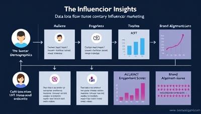 An infographic illustrating the data flow within the Influencio Insights platform, showing influencer profiles, audience demographics, engagement metrics, and brand alignment scores, highlighting the platform's data-driven approach to influencer marketing.