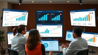 An engaging visual of a diverse group of individuals engaged in a virtual financial planning session, with interactive charts, financial goals, and progress trackers displayed on screens around them, conveying empowerment and financial growth through personalized guidance.