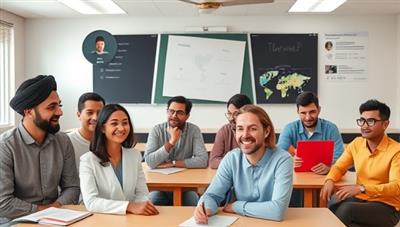 A virtual classroom setting with diverse avatars representing different cultures engaging in a lively language exchange session, showcasing the platform's inclusivity and global reach.