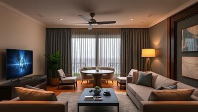 An elegant and modern smart home setup with voice-controlled devices, automated lighting, and security cameras, showcasing the comfort and convenience of a fully integrated smart living space.