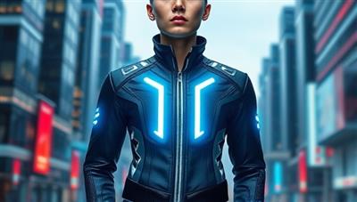 An image featuring a model wearing a sleek and futuristic smart jacket with integrated LED displays, showcasing the fusion of technology and fashion in smart clothing design, against a backdrop of a digital cityscape for a modern and stylish appeal.