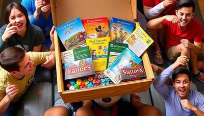 A subscription box filled with colorful board game components, dice, cards, and rulebooks, surrounded by images of excited gamers unboxing the crate and exploring the contents, symbolizing surprise and discovery in each delivery.