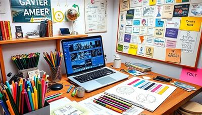 An artistic workspace with a designer's desk cluttered with colorful pens, sketchbooks, a laptop displaying social media platforms, and a mood board filled with creative ideas, portraying a vibrant and imaginative content creation environment.