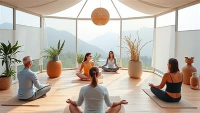 A serene virtual retreat setting with participants engaged in mindfulness practices, meditation sessions, and wellness workshops, creating a peaceful and rejuvenating atmosphere for individuals seeking holistic well-being.