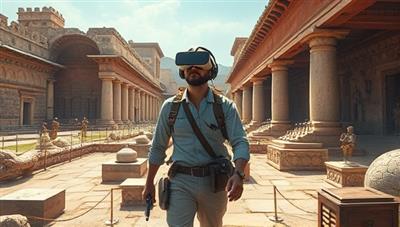 An evocative visual of a VR headset-wearing explorer walking through a digital reconstruction of an ancient city, surrounded by historical artifacts and interactive elements, capturing the essence of virtual time travel.