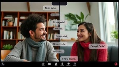 A virtual communication setting with individuals from different cultural backgrounds engaging in a video call, supported by TeleLingoTranslate's language translation service overlaying real-time translated messages, highlighting the seamless communication facilitated by the platform.