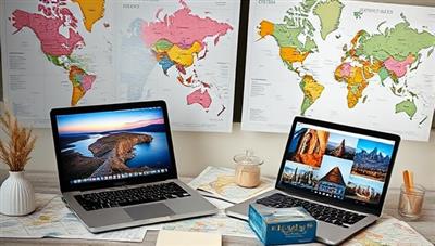 A digital workspace with maps, travel guides, and a laptop displaying stunning destination images, evoking a sense of wanderlust and personalized travel planning.