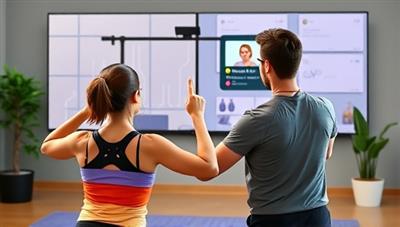 A dynamic and energetic image of a virtual fitness coach conducting a workout session via video call, with animated workout graphics in the background, showcasing the convenience and interactivity of the platform.