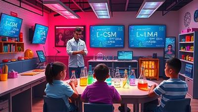 An artistic representation of a virtual classroom filled with colorful STEM equipment, digital screens displaying scientific formulas, and enthusiastic students engaging in hands-on experiments with their virtual tutors, illustrating a vibrant and interactive learning environment.