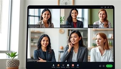 A virtual career coaching session depicted with a diverse group of professionals engaged in a video call, sharing insights and advice, symbolizing growth and collaboration in career development.