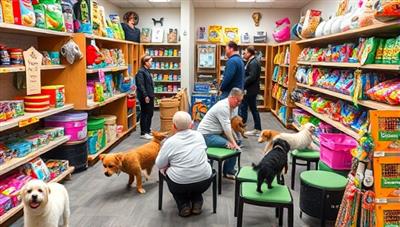 A vibrant pet store setting with shelves stocked with pet toys, accessories, and treats, pets playing in a designated play area, and pet owners interacting with each other and their furry companions, creating a lively and welcoming atmosphere for both pets and humans.