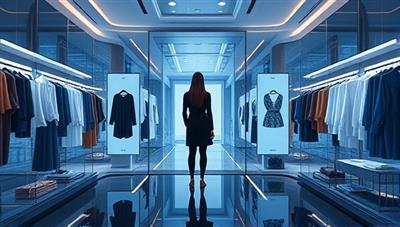 An elegant and futuristic visual of a virtual dressing room with a mirrored screen displaying outfit suggestions on a user while they stand in front, surrounded by digital clothing options and accessories, embodying a seamless and interactive shopping experience.